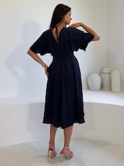 Girl In Mind Blue Laura V-Neck Short Sleeve Flowy Navy Midi Dress - Image 2 of 5