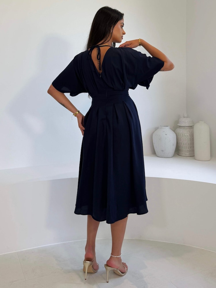 Girl In Mind Blue Laura V-Neck Short Sleeve Flowy Navy Midi Dress - Image 2 of 5 Girl In Mind Blue Laura V-Neck Short Sleeve Flowy Navy Midi Dress - Image 2 of 5