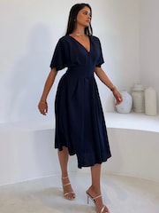 Girl In Mind Blue Laura V-Neck Short Sleeve Flowy Navy Midi Dress - Image 3 of 5