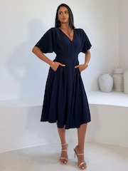 Girl In Mind Blue Laura V-Neck Short Sleeve Flowy Navy Midi Dress - Image 4 of 5