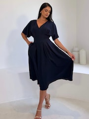 Girl In Mind Blue Laura V-Neck Short Sleeve Flowy Navy Midi Dress - Image 5 of 5