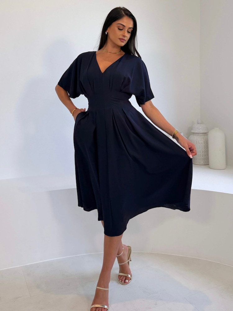 Girl In Mind Blue Laura V-Neck Short Sleeve Flowy Navy Midi Dress - Image 5 of 5 Girl In Mind Blue Laura V-Neck Short Sleeve Flowy Navy Midi Dress - Image 5 of 5