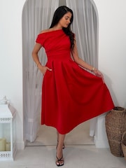 Girl In Mind Red Betty Asymmetric Neckline Skater Midi Dress - Image 1 of 6