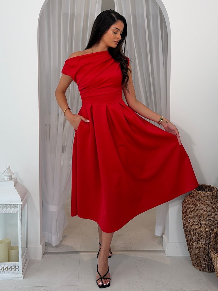 Girl In Mind Red Betty Asymmetric Neckline Skater Midi Dress - Image 1 of 6 Girl In Mind Red Betty Asymmetric Neckline Skater Midi Dress - Image 1 of 6
