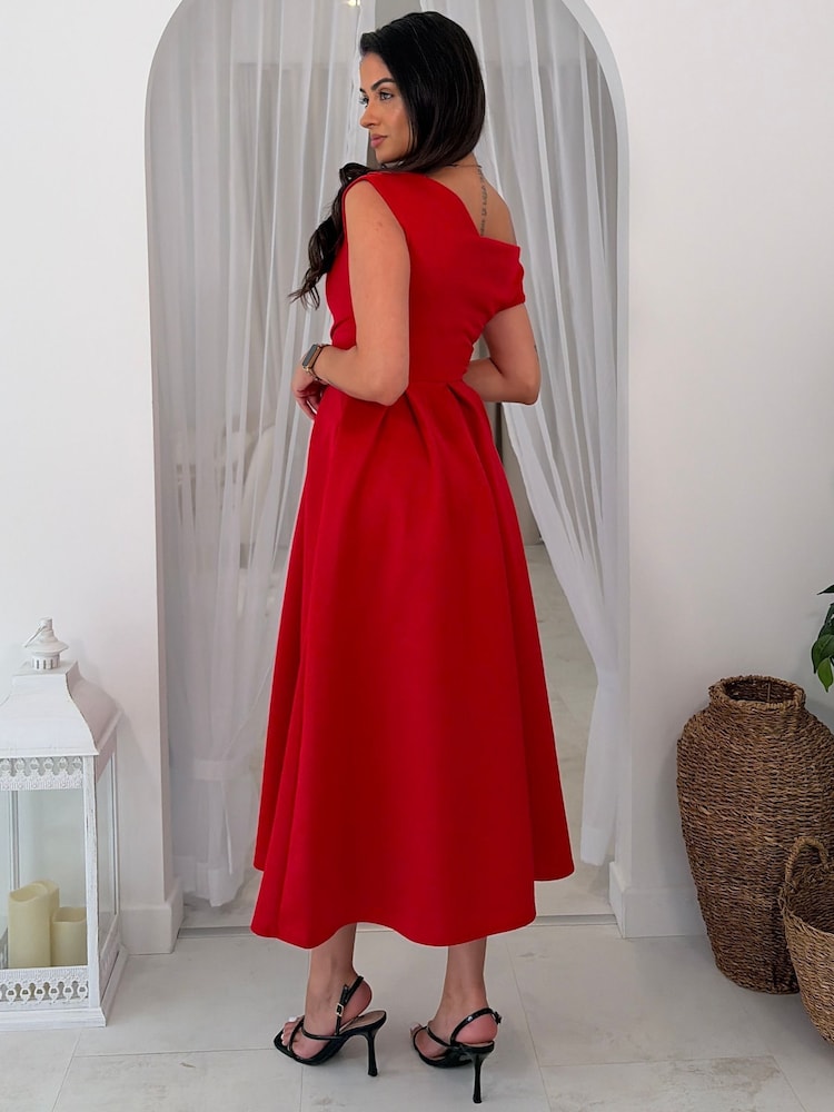 Girl In Mind Red Betty Asymmetric Neckline Skater Midi Dress - Image 2 of 6 Girl In Mind Red Betty Asymmetric Neckline Skater Midi Dress - Image 2 of 6