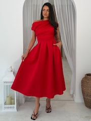 Girl In Mind Red Betty Asymmetric Neckline Skater Midi Dress - Image 3 of 6