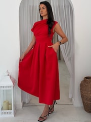 Girl In Mind Red Betty Asymmetric Neckline Skater Midi Dress - Image 4 of 6