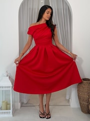 Girl In Mind Red Betty Asymmetric Neckline Skater Midi Dress - Image 5 of 6