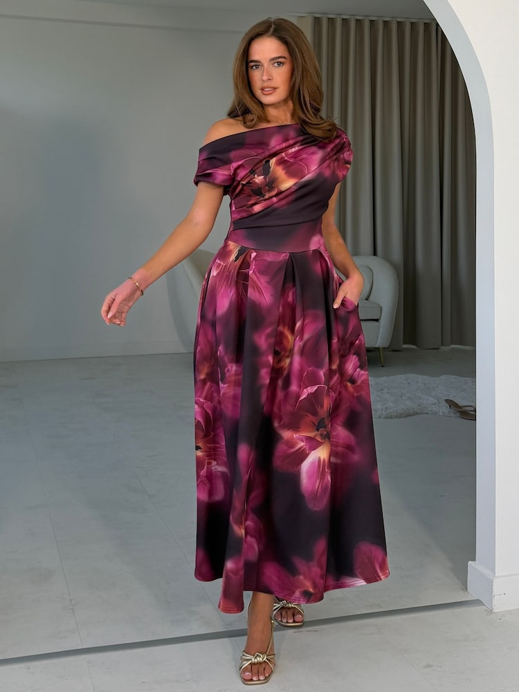 Girl In Mind Purple Betty Asymmetric Neckline Floral Skater Midi Dress - Image 1 of 5 Girl In Mind Purple Betty Asymmetric Neckline Floral Skater Midi Dress - Image 1 of 5