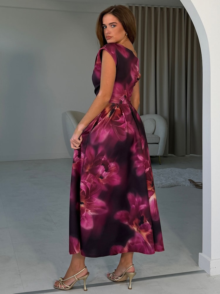 Girl In Mind Purple Betty Asymmetric Neckline Floral Skater Midi Dress - Image 2 of 5 Girl In Mind Purple Betty Asymmetric Neckline Floral Skater Midi Dress - Image 2 of 5
