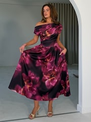 Girl In Mind Purple Betty Asymmetric Neckline Floral Skater Midi Dress - Image 3 of 5