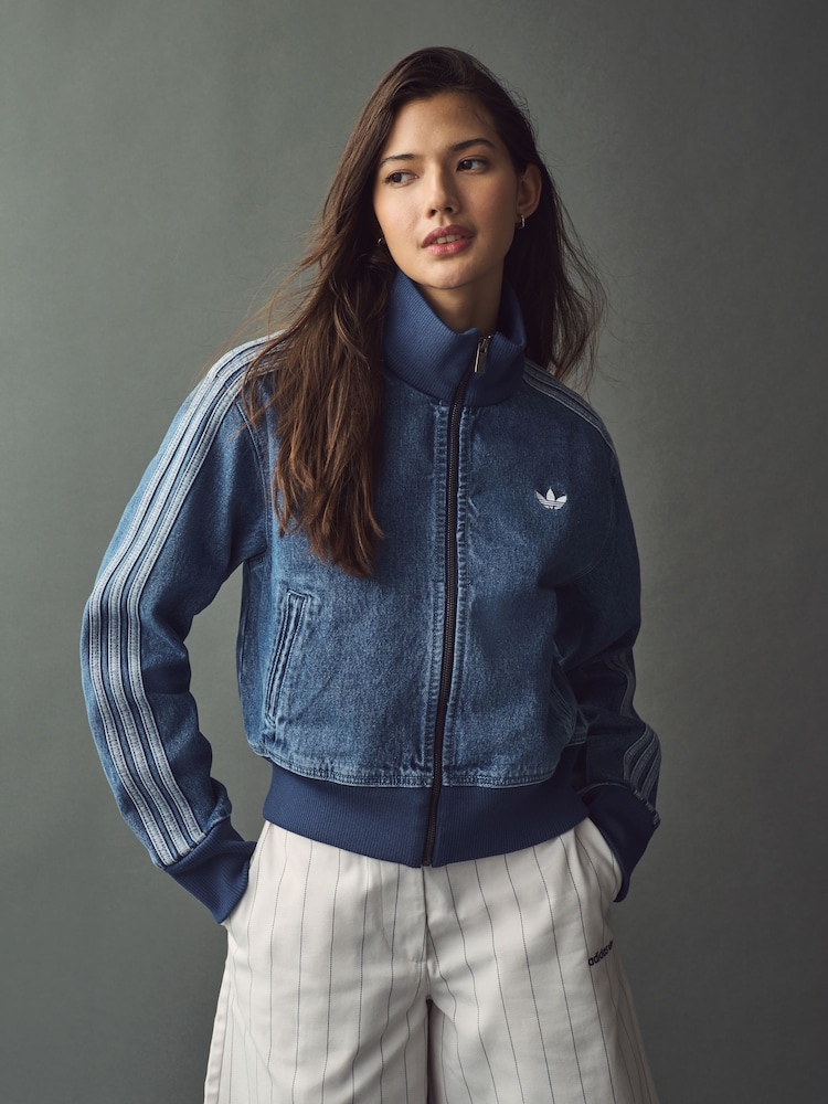 adidas Originals Blue 3 Stripe Denim Track 100% Cotton Top - Image 1 of 5