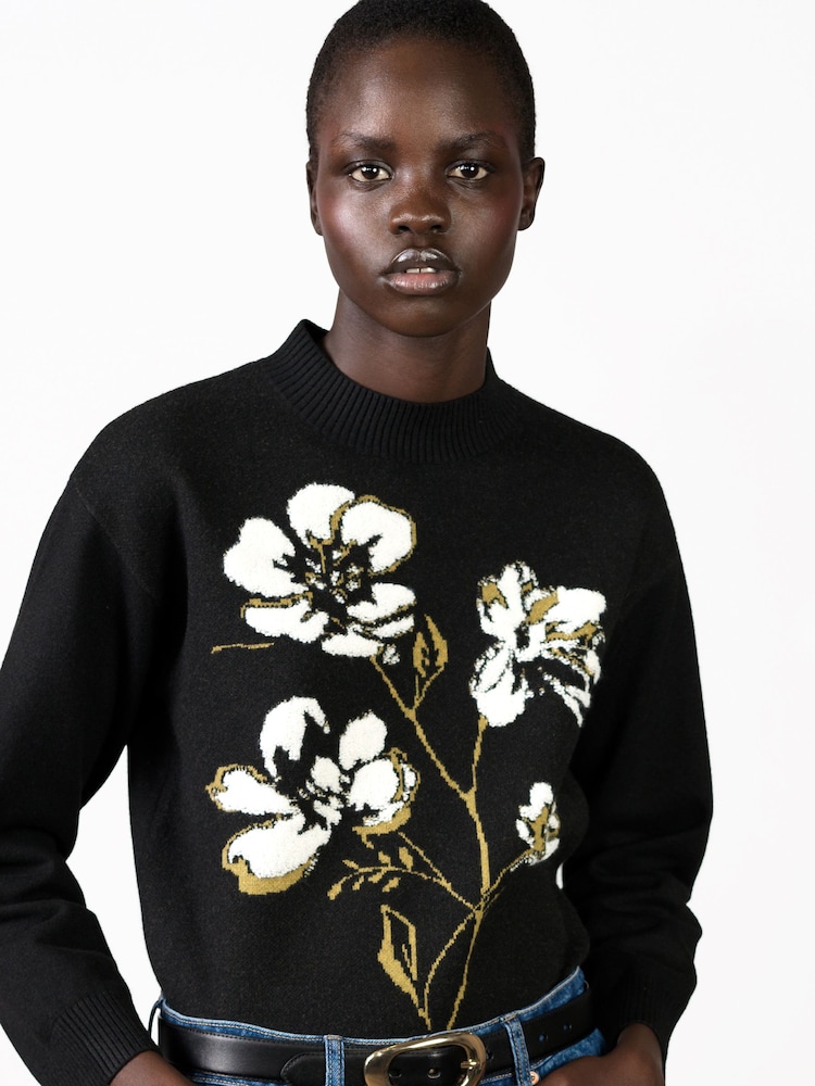 French Connection Black Oriana Floral Neck Jumper - Image 1 of 7 French Connection Black Oriana Floral Neck Jumper - Image 1 of 7