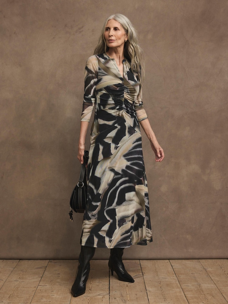 Mint Velvet Black Abstract Print Mesh Midi Dress - Image 1 of 7 Mint Velvet Black Abstract Print Mesh Midi Dress - Image 1 of 7