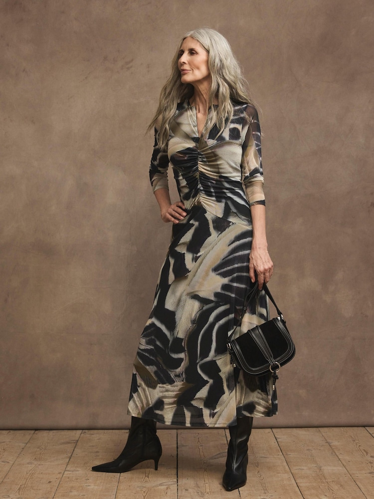 Mint Velvet Black Abstract Print Mesh Midi Dress - Image 2 of 7 Mint Velvet Black Abstract Print Mesh Midi Dress - Image 2 of 7