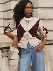 Mint Velvet Natural Wool Blend Argyle Cardigan - Image 2 of 7