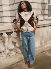 Mint Velvet Natural Wool Blend Argyle Cardigan - Image 5 of 7