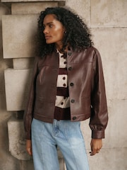 Braun - Mint Velvet Lederjacke mit Puffärmeln - Bild 1 von 7