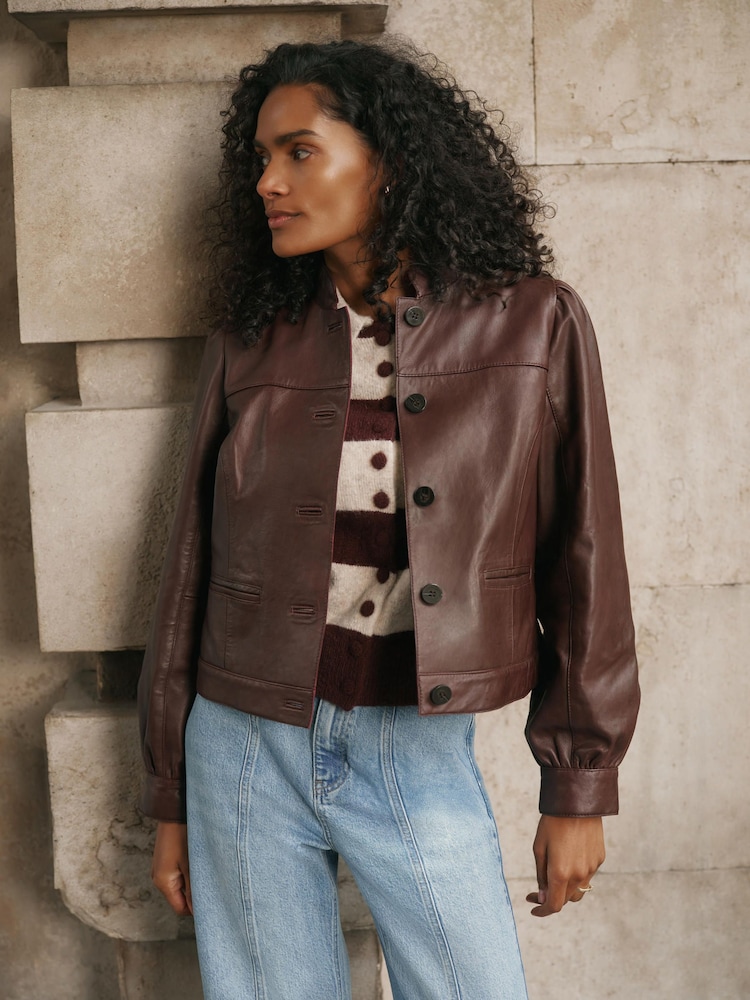 Braun - Mint Velvet Lederjacke mit Puffärmeln - Bild 1 von 7 Braun - Mint Velvet Lederjacke mit Puffärmeln - Bild 1 von 7