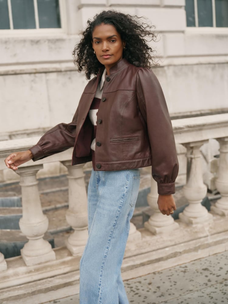 Braun - Mint Velvet Lederjacke mit Puffärmeln - Bild 2 von 7 Braun - Mint Velvet Lederjacke mit Puffärmeln - Bild 2 von 7