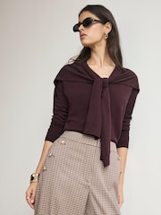 Mint Velvet Wine Red Cotton Blend Scarf Detail Knit Cardigan - Image 1 of 7