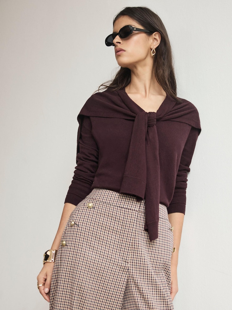 Mint Velvet Wine Red Cotton Blend Scarf Detail Knit Cardigan - Image 1 of 7