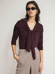 Mint Velvet Wine Red Cotton Blend Scarf Detail Knit Cardigan - Image 2 of 7