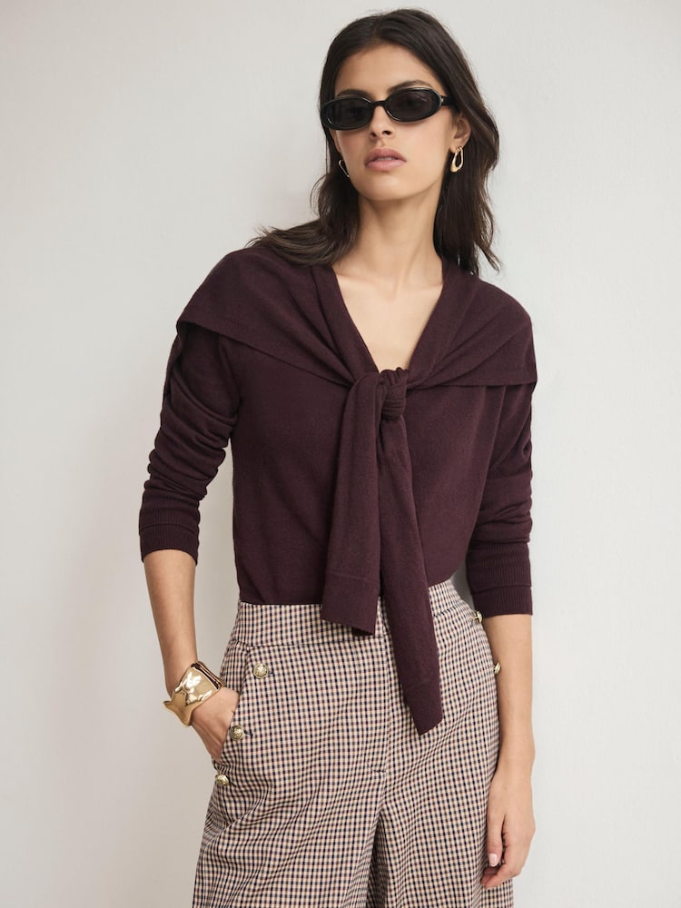 Mint Velvet Wine Red Cotton Blend Scarf Detail Knit Cardigan - Image 2 of 7