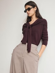 Mint Velvet Wine Red Cotton Blend Scarf Detail Knit Cardigan - Image 3 of 7