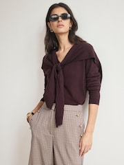 Mint Velvet Wine Red Cotton Blend Scarf Detail Knit Cardigan - Image 5 of 7