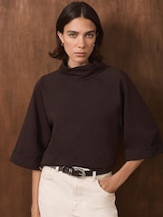 Καφετί - Mint Velvet Cotton High Neck Top - Εικόνα 1 από 8