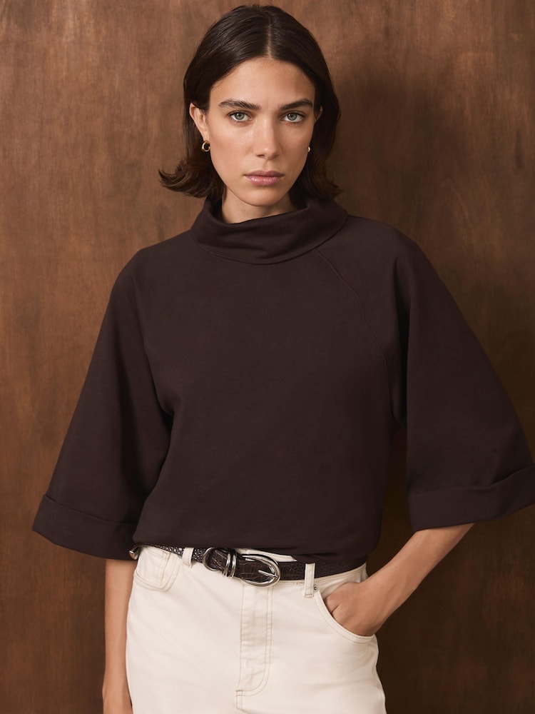 Καφετί - Mint Velvet Cotton High Neck Top - Εικόνα 1 από 8