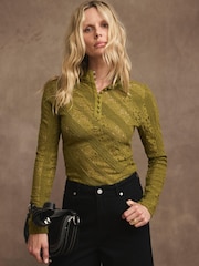 Mint Velvet Green Lace Button Top - Image 1 of 7