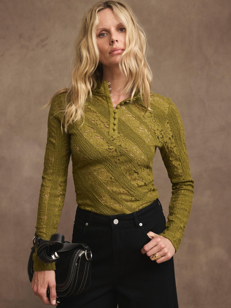 Mint Velvet Green Lace Button Top - Image 1 of 7 Mint Velvet Green Lace Button Top - Image 1 of 7