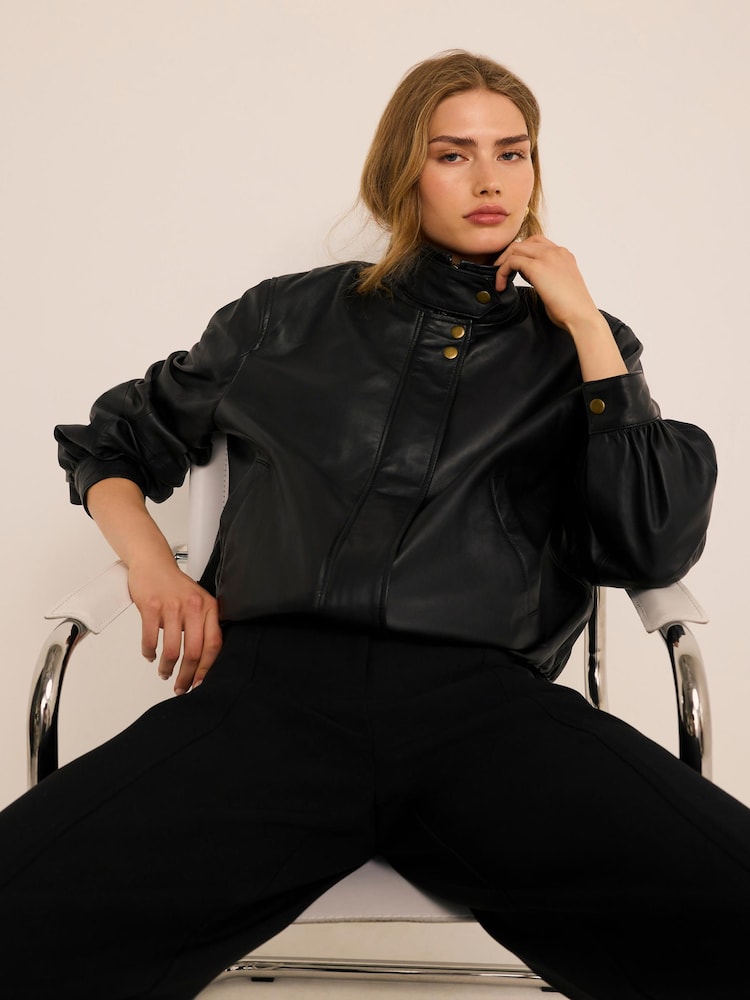 Mint Velvet Black Funnel Neck Leather Jacket - Image 1 of 8 Mint Velvet Black Funnel Neck Leather Jacket - Image 1 of 8