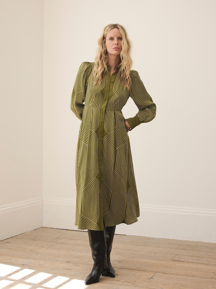 Mint Velvet Green Satin Printed Midi Shirt Dress - Image 1 of 7 Mint Velvet Green Satin Printed Midi Shirt Dress - Image 1 of 7
