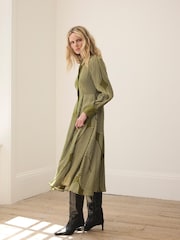 Mint Velvet Green Satin Printed Midi Shirt Dress - Image 3 of 7
