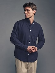 Navy Blue Brushed 100% Cotton Oxford Long Sleeve Shirt - Image 1 of 10
