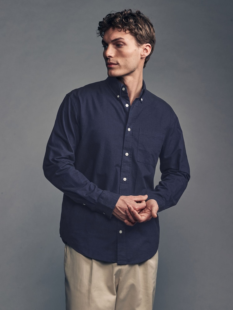 Navy Blue Brushed 100% Cotton Oxford Long Sleeve Shirt - Image 1 of 10