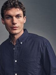 Navy Blue Brushed 100% Cotton Oxford Long Sleeve Shirt - Image 4 of 10
