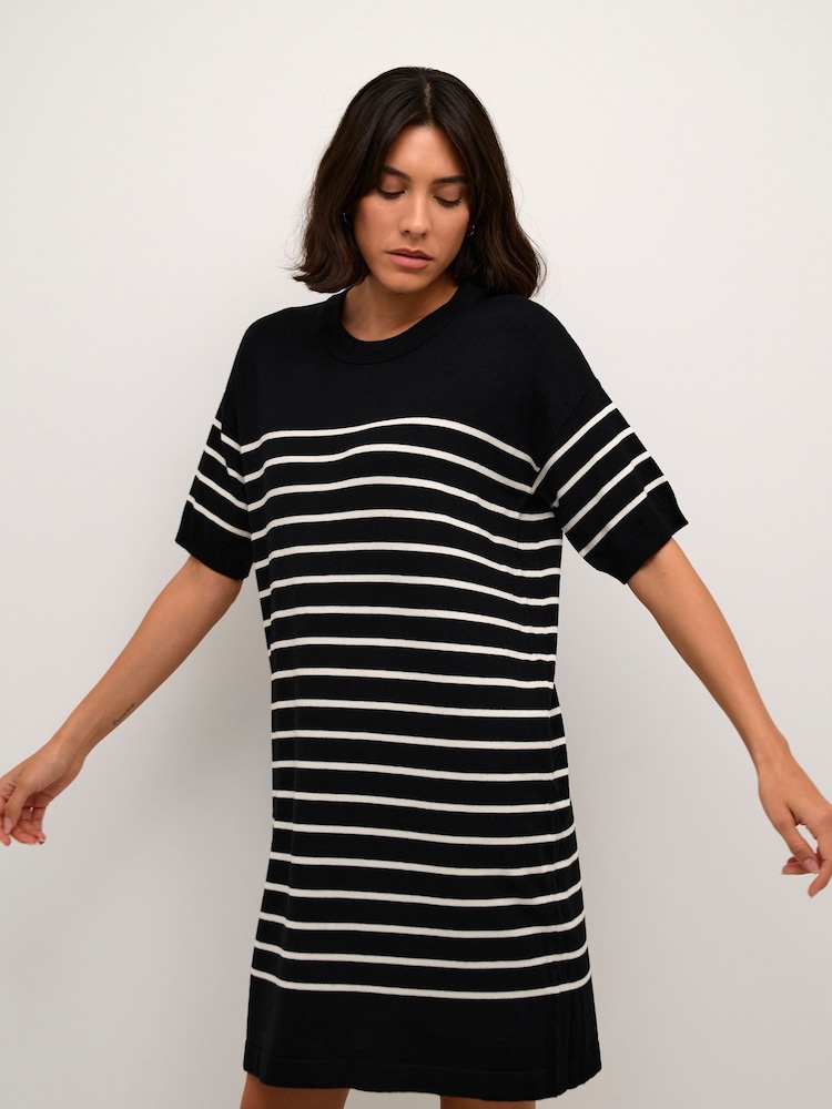 Kaffe Lizza Striped Short Sleeve Knit Black Dress - Image 1 of 4