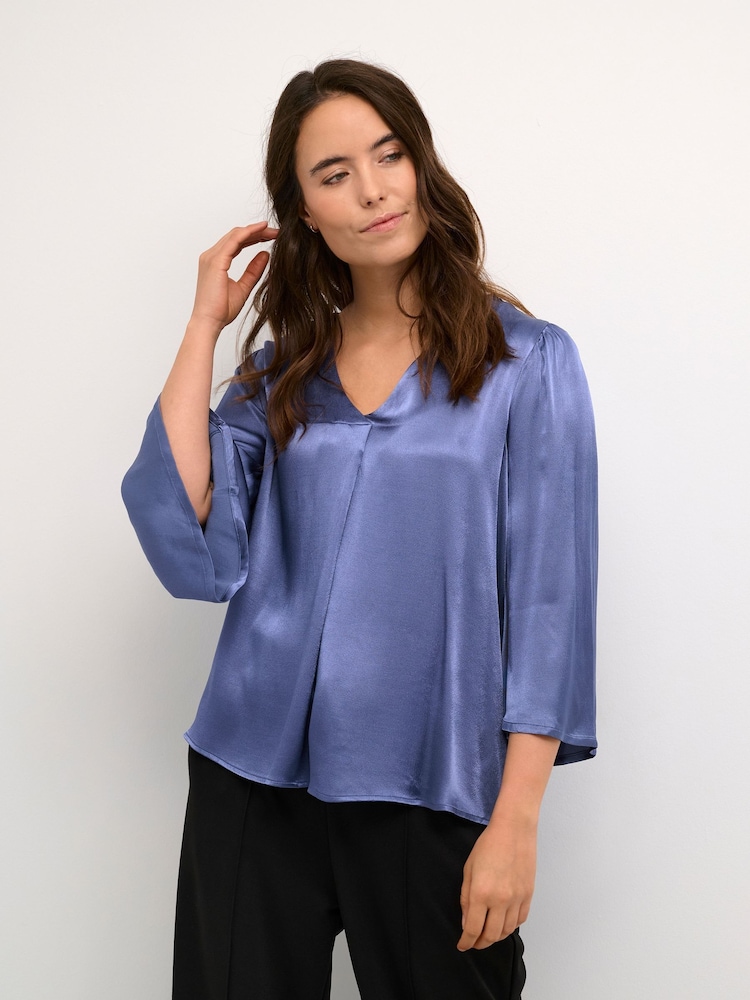 Kaffe Blue Karen V-Neck Satin 3/4 Sleeve Blouse - Image 1 of 6