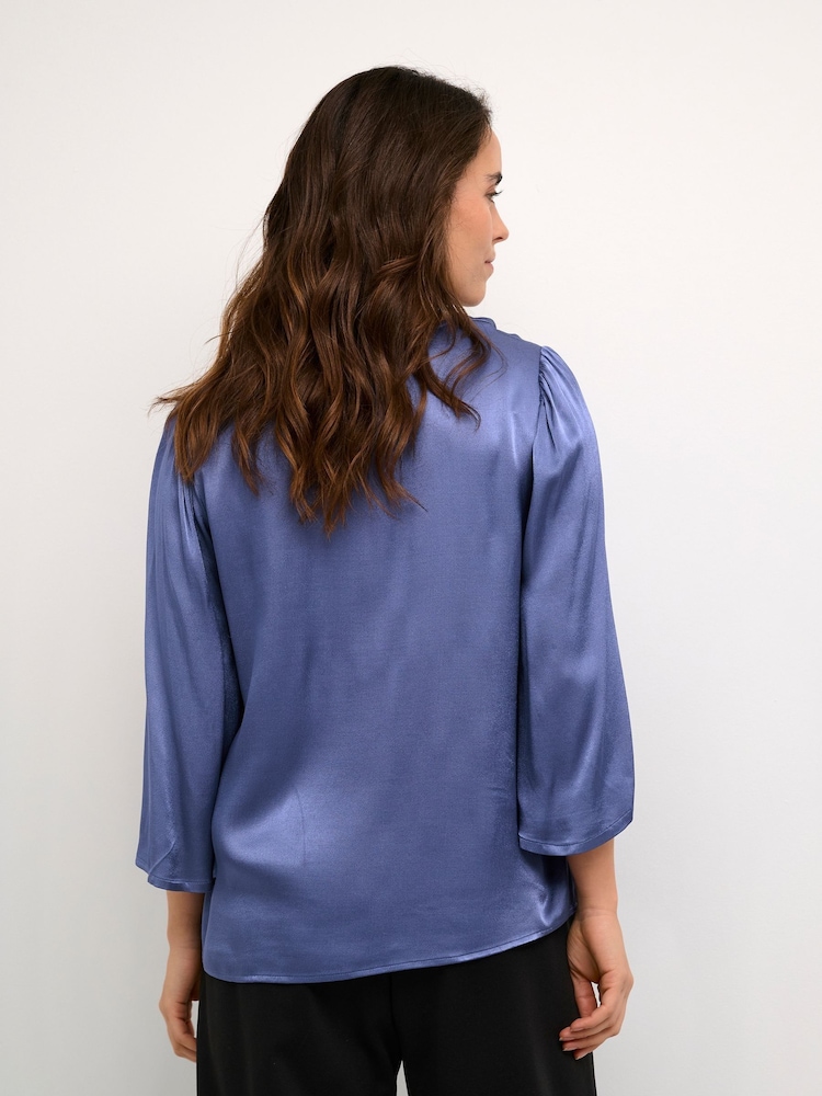 Kaffe Blue Karen V-Neck Satin 3/4 Sleeve Blouse - Image 2 of 6