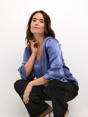 Kaffe Blue Karen V-Neck Satin 3/4 Sleeve Blouse - Image 4 of 6