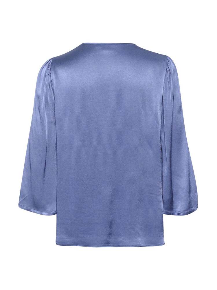 Kaffe Blue Karen V-Neck Satin 3/4 Sleeve Blouse - Image 6 of 6