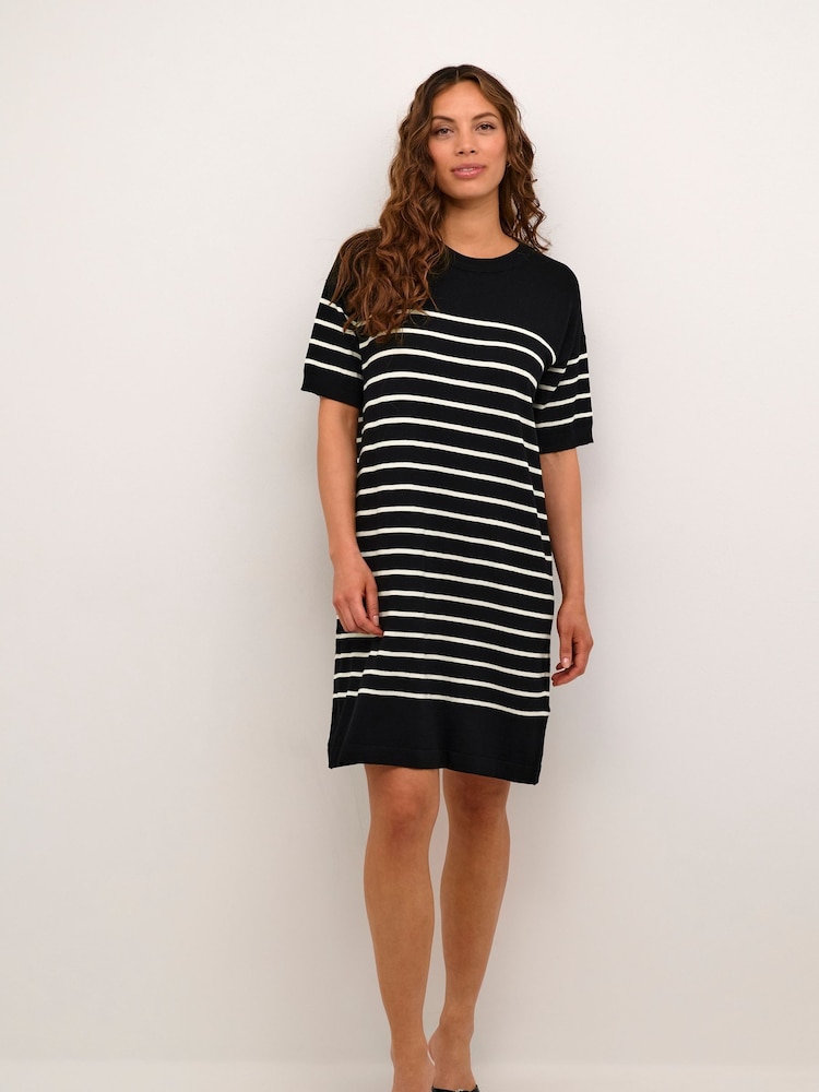 Kaffe Lizza Striped Short Sleeve Knit Black Dress - Image 1 of 6