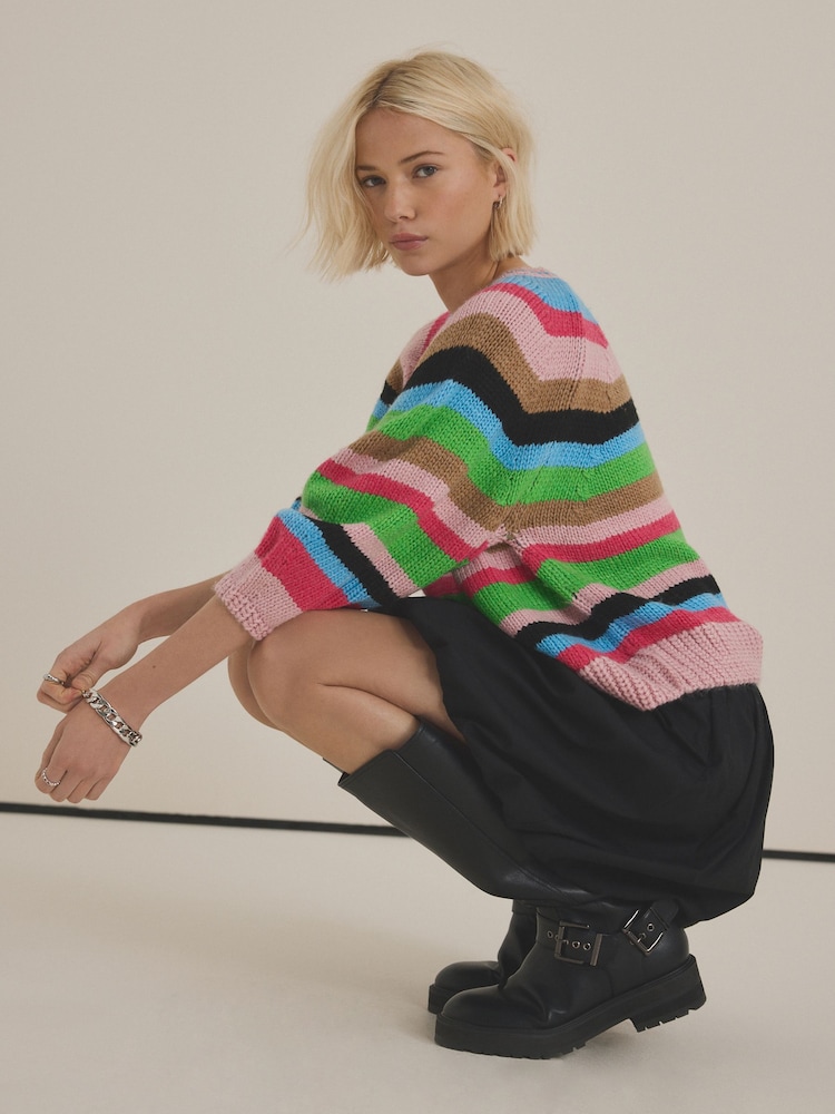 Pink Multi Bright Half Sleeve Crew Neck Jumper with Wool - Image 1 of 7