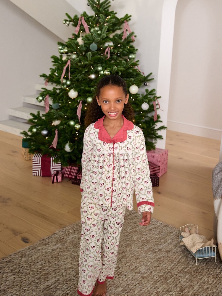 Laura Ashley Red White Bow Trellis Printed Christmas Pyjama Set - Image 1 of 10 Laura Ashley Red White Bow Trellis Printed Christmas Pyjama Set - Image 1 of 10
