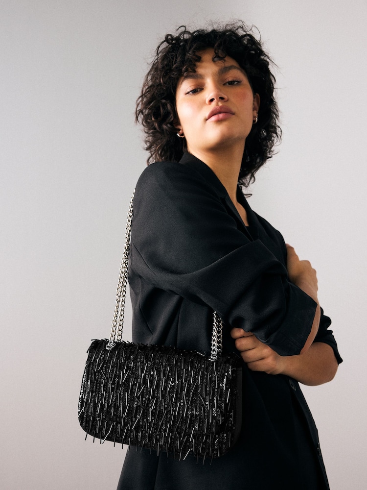 Black Beaded Shoulder Bag - Image 1 of 7