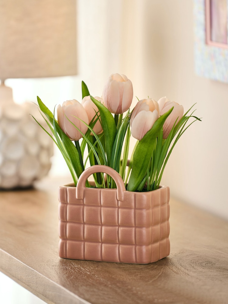 Pink Artificial Tulips in Ceramic Bag Vase - Image 1 of 4